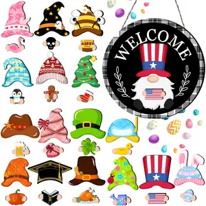 DIY Custom Build Your Own Gnome Welcome Sign, Buffalo Plaid Rim Interchangeable Magnetic Wooden Door Hanger, Mix & Match 16 Sets Seasonal Hat & Ornament Home Decor