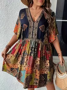 Plus Size Dress, Fashion Print, Vacation Style, Ethnic Floral, Bohemian, Short Sleeve Dress, Perfect for Summer, Comfortable & Stylish