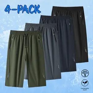 Men’s summer 4-piece set of loose plus-size ice-feel shorts—moisture-wicking, no sweaty feeling, black tech design, zero-restraint fit for easy movement, portable anti-theft zippered storage pockets, lightweight, pressure-free feel when worn; suitable for