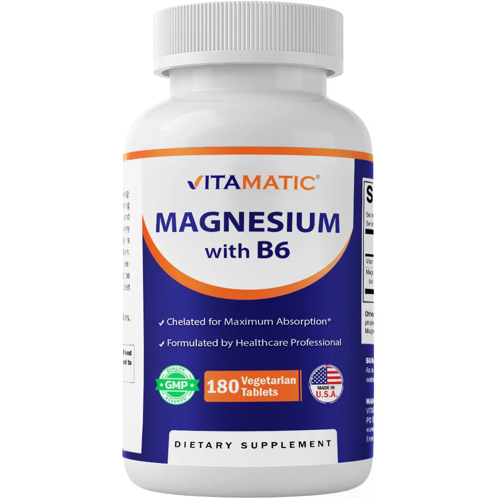 Vitamatic Magnesium with B6 Vitamin Dietary Supplement - 180 Uncoated, Vegetarian, Gluten-Free, GMO-Free Tablets - Supports Enzyme Function, Muscle & Heart Health via Maximum Absorption