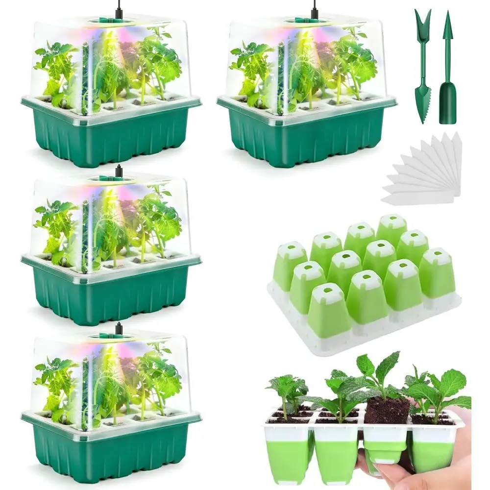 4/6 Pack Seed Starter Tray with Grow Light, Indoor Seed Starter Kit, Flexible Silicone Seedling Trays, Germination Tray with Humidity Dome, Pot, Grow Light for Seedlings, Growing Kit