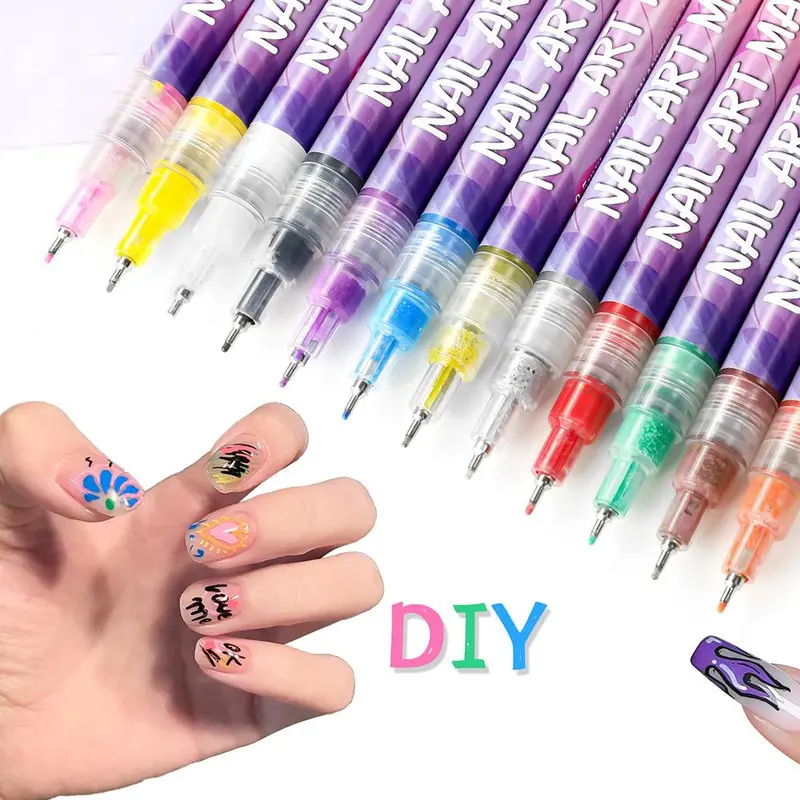 Mix 12 Colors Vegan Ink Nail Art Pens Kit - Eco-Friendly Quick Dry Waterproof Paint Markers, Nail Care Tools for Women's Home Salon Manicure, Geometric 3D Design & Gifting (Christmas, Birthday Perfect Gift)