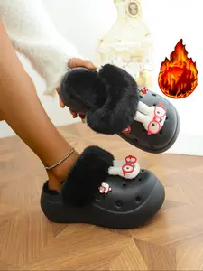 Women's Winter Fashion Fleece Lined Cute Bunny Slippers, House Slippers, Anti-Slip Non Slip Height Increasing Hole Shoes, Soft Indoor Outdoor Warm Comfortable Casual Style
