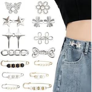 Pant Waist Tightener, 14 Sets No Sew Adjustable Jeans Button Clips Reusable Waist Cincher Clip Metal Brooch for Loose Pants Skirts Dresses(Silver)