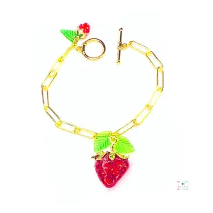 Gold Paperclip Strawberry Charm Bracelet / Cute Strawberry Charm Paperclip Link Chain Bracelet / Summer Fruit Bracelet