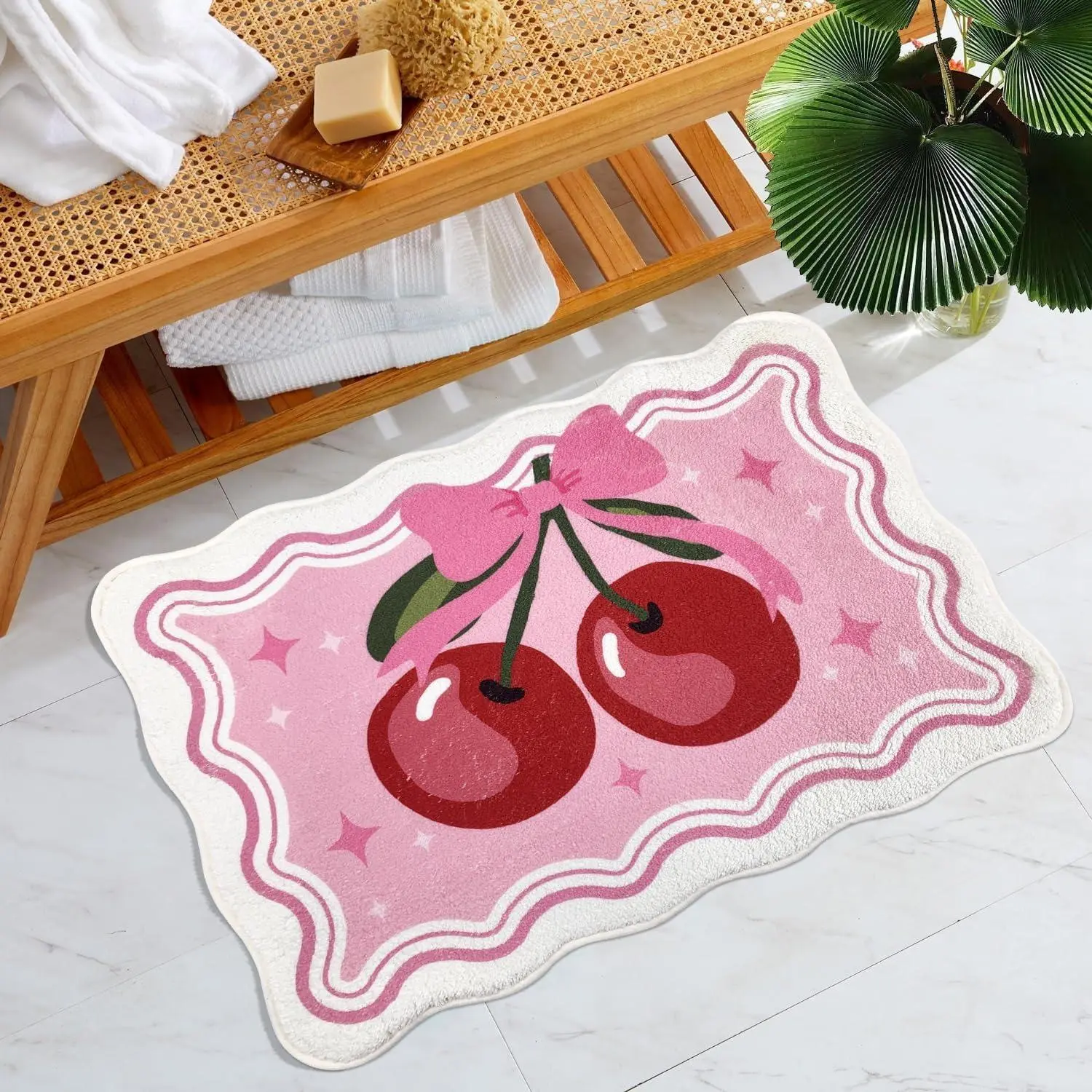Valentine's Day Gift Cute Bow Rug, Cherry Print Entrance Mat, Soft Washable Carpet, Home Decor for Hotel Bathroom Corridor Bedside Doorway Outdoor, Home Decorative Rug, Soft Washable Rugs