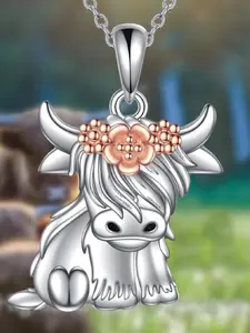 Highland Cow Silver Color Pendant Necklace, Cute Scottish Highland Cow Charm, Unisex Casual Jewelry Gift for All Occasions