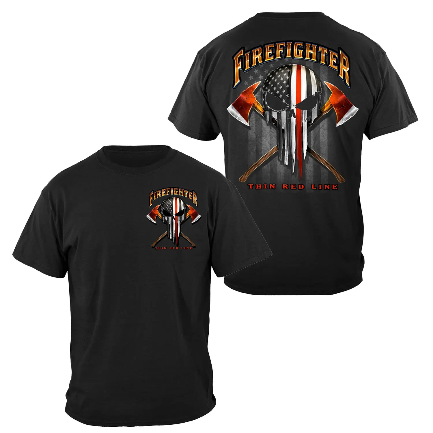 Firefighter Thin Red Line Skull T-Shirt Patriotic Firefighter Axe Graphic Tee Fire Rescue Gift for Men USA