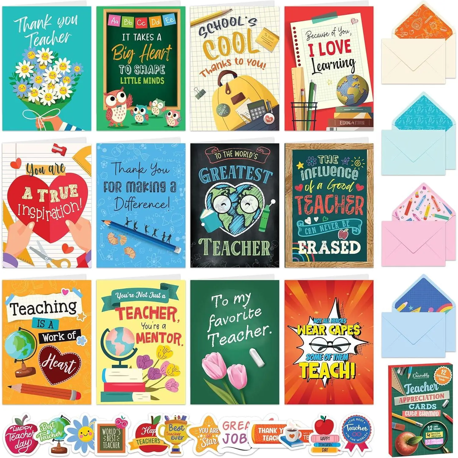 12 Pack 5x7in Teacher Appreciation Cards with Envelopes and Stickers, 12 Unique Cute Designs Teacher Appreciation Card with Printed Message Inside