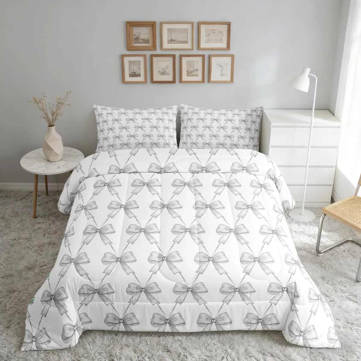 Gray Bow Comforter Set Cute Bowknot Bedding Set Kawaii Comforter Women Men Bow and Stripes Duvet Set