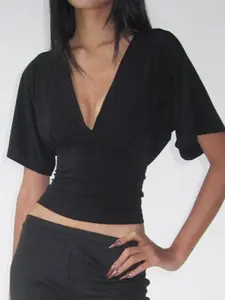 Women's Deep V Backless Crop Top Shirts, Y2K Batwing Sleeve Design, Slim Fit Short Sleeves, Spring Summer Casual Streetwear Fashion, Womenswear