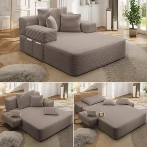 2-in-1 Oversize Corduroy Fabric Sofa Bed - Pre-Built, Spring Cushion, Full-Body Support, Textured Upholstered Sofa, Reversible Convertible, Fast Conversion, Living Room Apartment Indoor Furniture