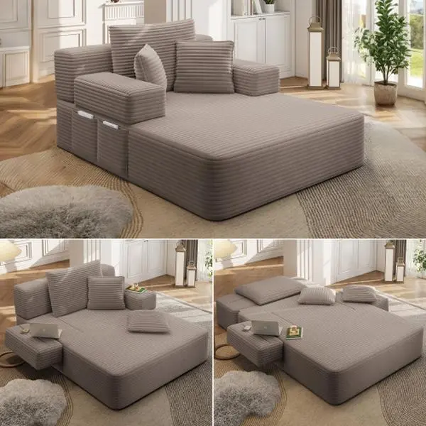 2-in-1 Oversize Corduroy Fabric Sofa Bed - Pre-Built, Spring Cushion, Full-Body Support, Textured Upholstered Sofa Chaise Lounge, Reversible Convertible, Fast Conversion, Luxury Modern Indoor Living Room Furniture