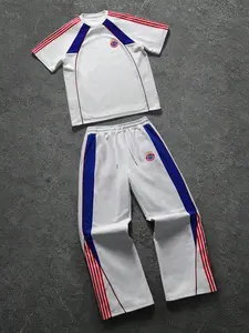 Men's Bayern Style Sport Two-Piece Set, Training Tracksuit, Colorblock Football Short Sleeve T-Shirt + Straight Leg Pants, Summer Casual Sports
