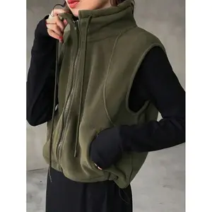 Women's Casual Solid Color Stand Collar Sleeveless Jacket, Autumn/Winter Vest