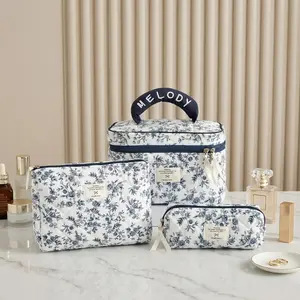 3-Piece Quilted Travel Makeup Bag Set, Large Capacity, Washable, Floral Pattern, Portable, Ideal for Women/girls, Perfect Gift
