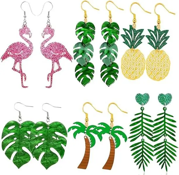 6 Pairs Tropical Earrings for Women Girls Coconut Palm Leaf Dangle Earrings Green Plant Pineapple Flamingo Hawaiian Earrings