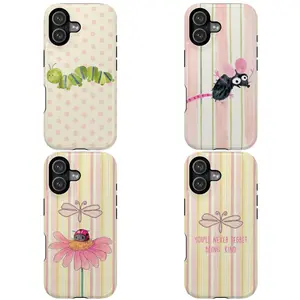 Whimsical Cottagecore Watercolor Phone Case| Aesthetic Hand-drawn Caterpillar & Mouse Design| Soft Pastel Striped Phone Cover| Cute Nature-Inspired Gift for Her for iPhone 17 16 15 14 13 12 Max Pro Samsung Galaxy