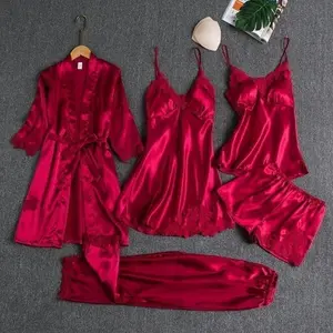 5PC Silk Robe Sleep Suit Womens Lace Satin Pajamas Gown Set V-Neck Cami Nighties Wear Pijama Home Nightwear Spring Nightdress(Sheets)