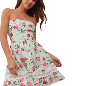 Floral Strapless Mini Dress with Lace Trim Detail - Mint Green & Pink Overview: This eye-colored strapless mini dress features a vibrant pink tulip floral print set against a soft mint green background. The fit-and-flare silhouette is accented by a delica