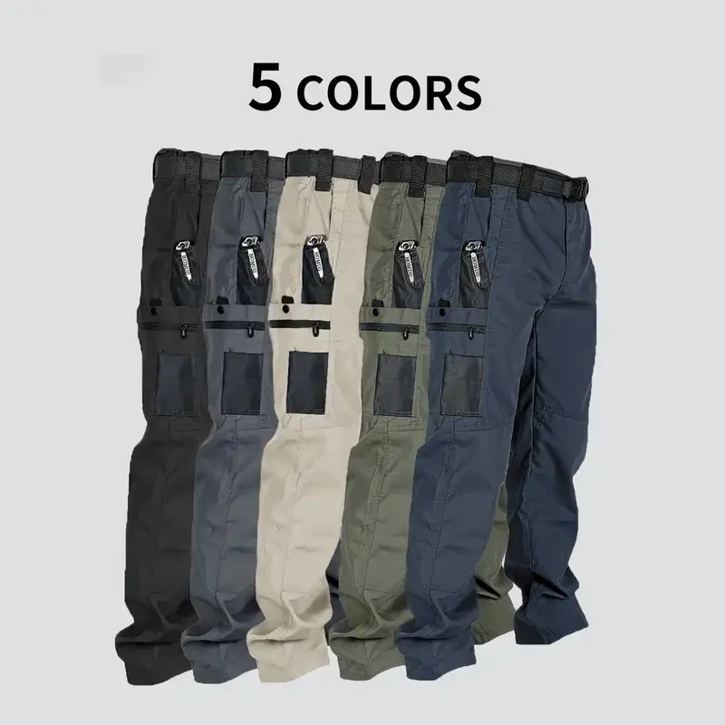 Men's Solid Color Tactical Work Pants - 230g/m² New Fabric, Mid Waist, Athletic Fit, Basics, Belt-Compatible, Zipper Closures, Zippered Pockets, Multiple Pockets, Durable, Spring & Autumn Wear for Hiking, Work, Black + Grey, All Seasons, Cargo Pants, Club