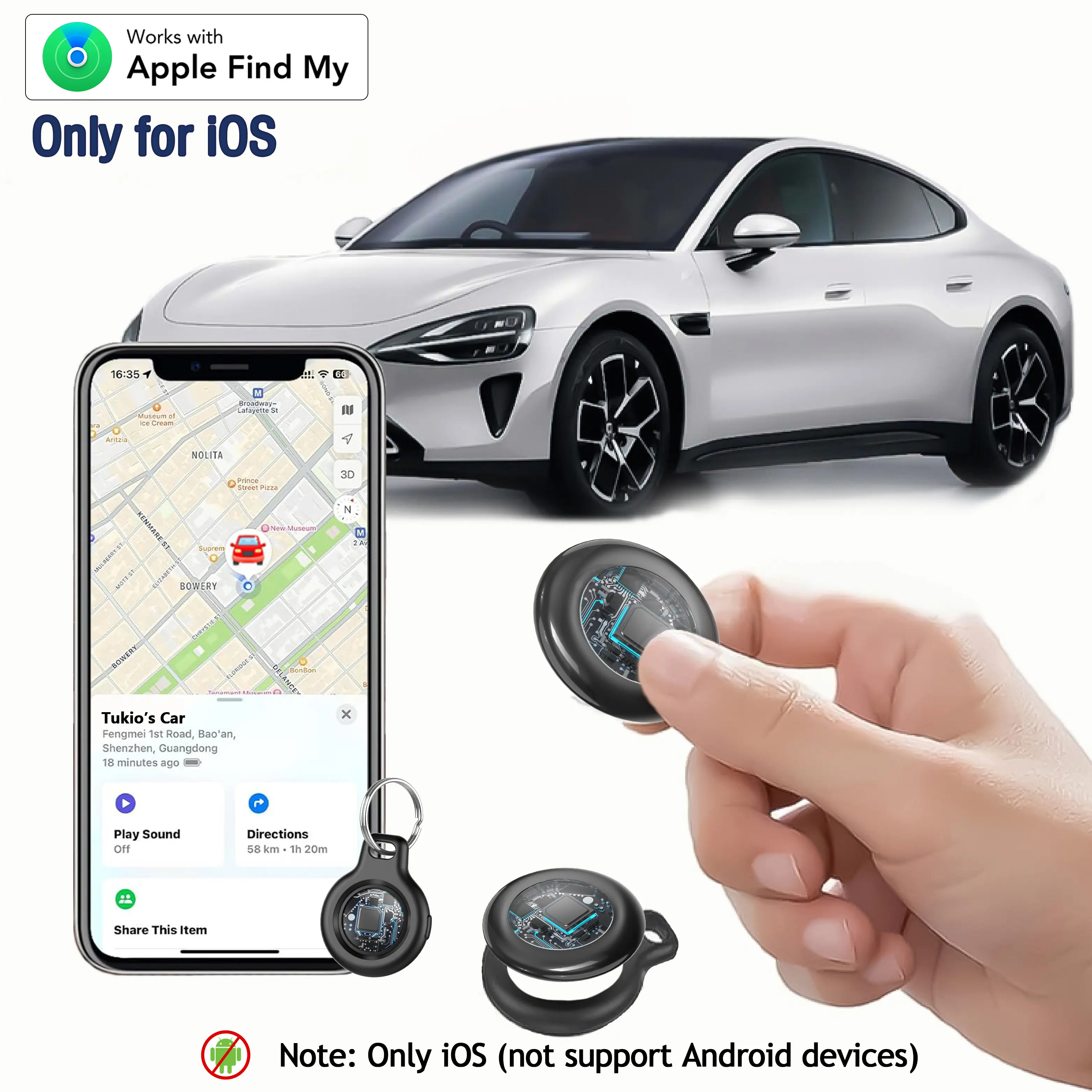 [Free shipping] Tukio GPS Tracker(iOS Only) for Cars & Pets - Mini Clear Design, Weatherproof Case, Anti-Lost Device, Works with Apple Find My iOS Only, IP67 Waterproof, Replaceable Battery Protection