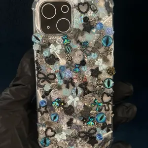 Women's Fashion Freestyle Junk Case iPhone 15 with Blue Beads and Heart Charms