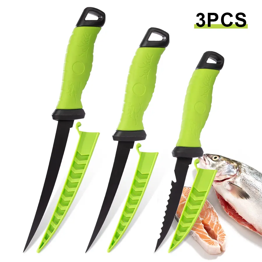 3-Piece Durable Stainless Steel Kitchen Knives Set, Non-Slip Green Handles, 3 Sheaths for Safe Storage, Fish Filleting Processing, Set Of 3