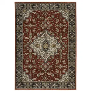 HomeRoots 508086 10 x 13 ft. Red Ivory Blue Navy Gold & Gray Oriental Power Loom Stain Resistant Rectangle Area Rug with Fringe