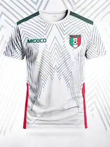 Men's Mexican Football Team T-shirt - A fitted and breathable sports shirt with vibrant geometric patterns, red and grey stripes, and the word "MEXICO" - suitable for training, casual wear and as a gift.