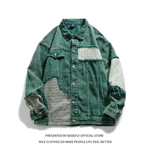 New Arrival Green Patchwork Men Women Unisex Denim Jean Jacket Coat Bomber Shirt Casual Couple Retro Vintage Streetwear Autumn