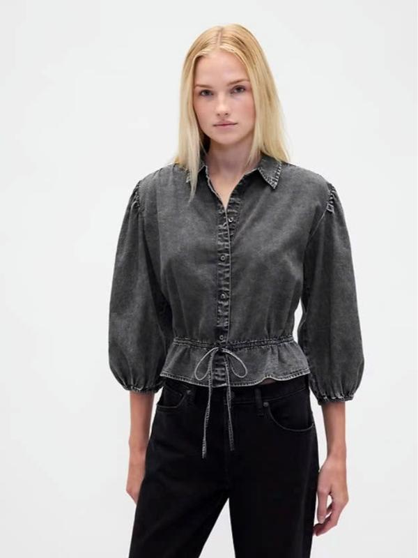 Denim Tie-Waist Top - Oversized Fit Slightly Cropped Spread Collar Elbow Balloon Sleeves Button Front Elastic Waist Tie Detail Black Wash