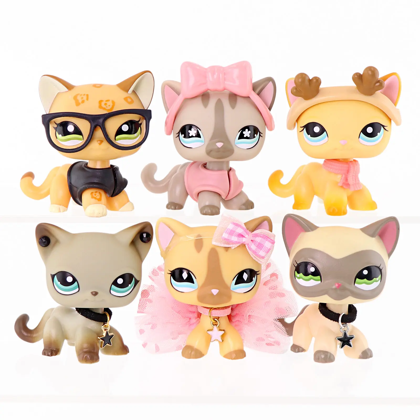 6 Pcs Mini Cartoon Cat Figurines Set, Big Eye Spotted & Siamese Kitten Figures with Glasses, Bow, Tutu Skirt, Reindeer Antlers, Star Pendant Collar Accessories, Collectible Mini Animal Toys, Cake Toppers, Desk Decor Kids Birthday Gift