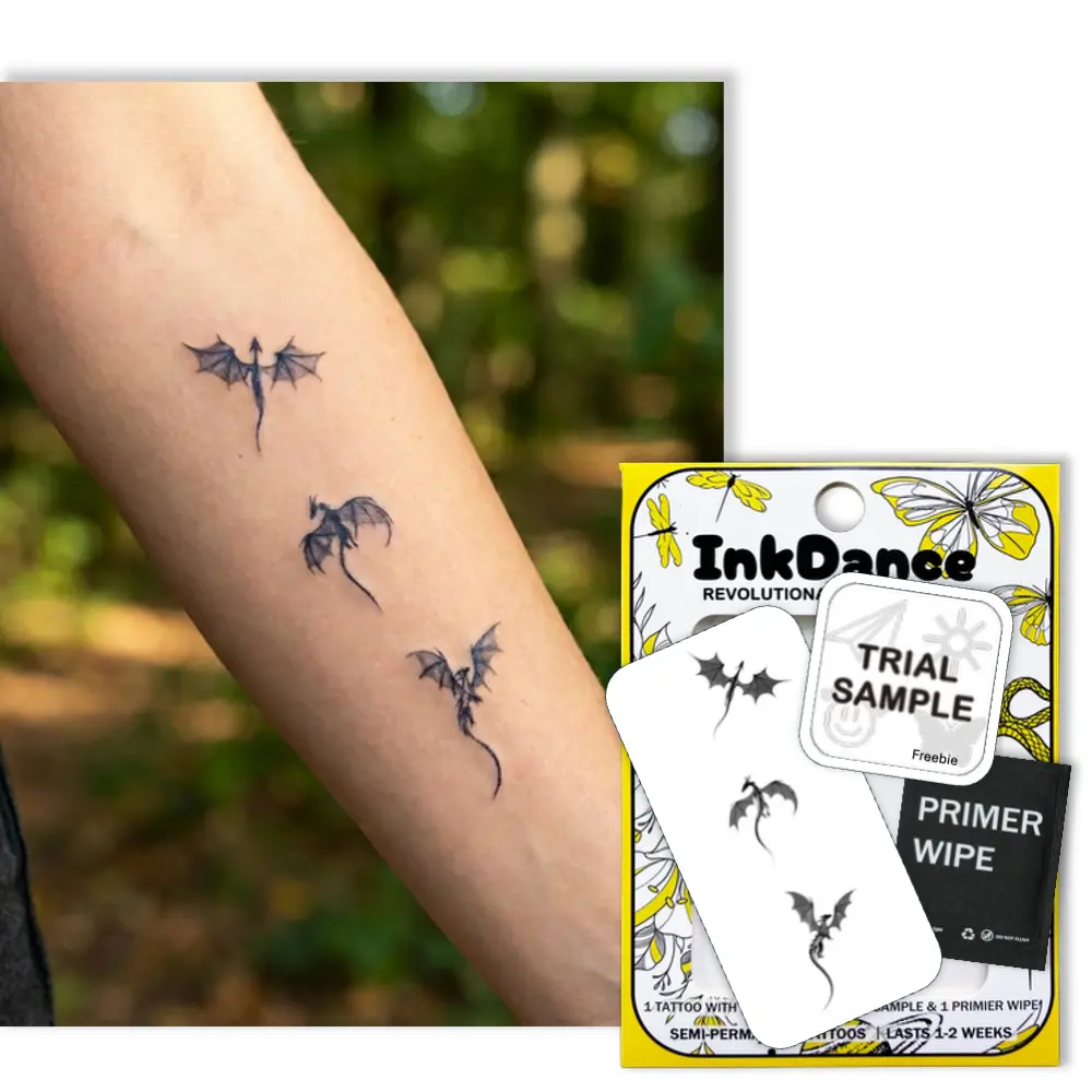 InkDance Semi-Permanent Tattoo, Flying Dragon Trio, Long Lasting Temporary Tattoos, Waterproof Plant-Based Ink, Lasts 1-2 Weeks, Color Develops in 24 Hours X249