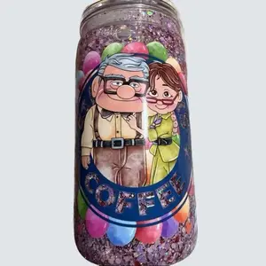 Snow Globe Tumblers - Coffee Design with Character Illustration & Colorful Balloons - Non-BPA Free - Elegant Lid Included - My Beautiful Coffee Style