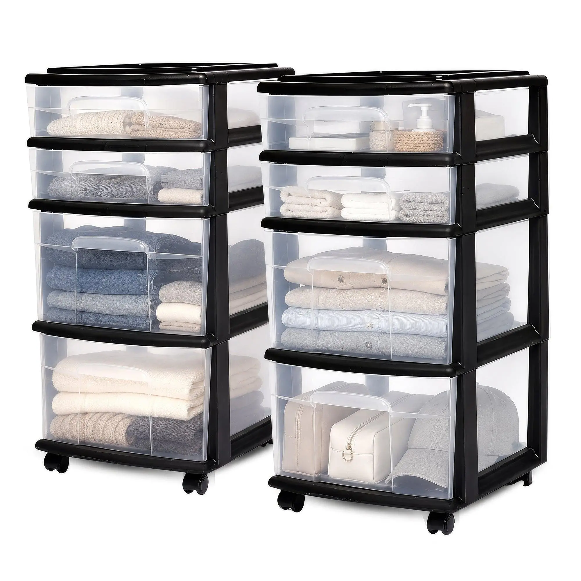 Homz Plastic 4 Drawer Medium Storage Tower, Clear Drawers & Black Frame (2 Pack)