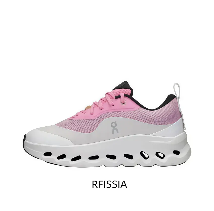 Light Silver-Grey And Pastel Pink Technical Running Shoe Featuring A Hollow-Core Segmented White Midsole, A Tonal Side Logo, And A White Heel Loop