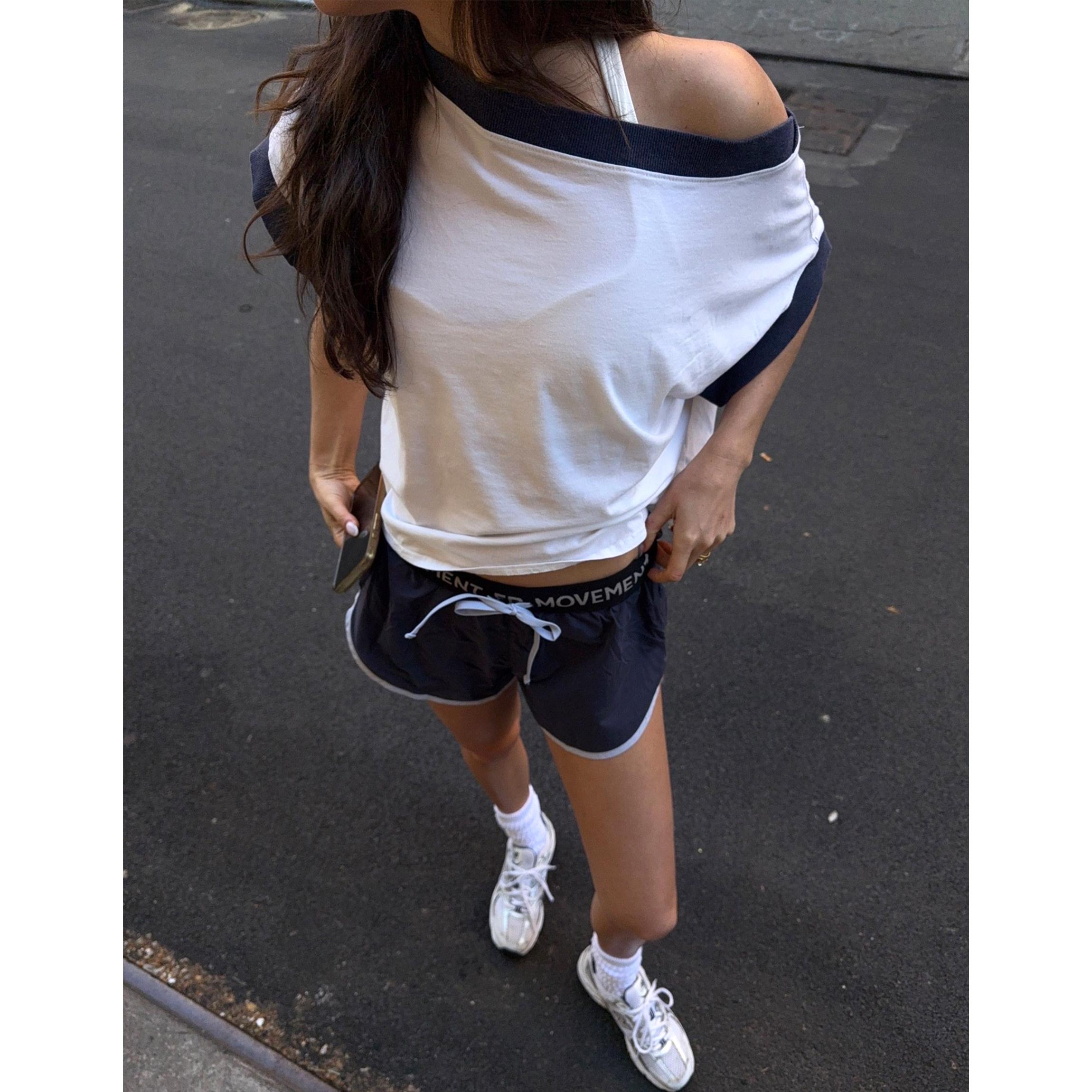Buenoble Women&rsquo;s 2 Piece Off Shoulder Lounge Set Contrast Trim Oversized Tee and Ribbed Shorts Summer Casual Workout Outfit