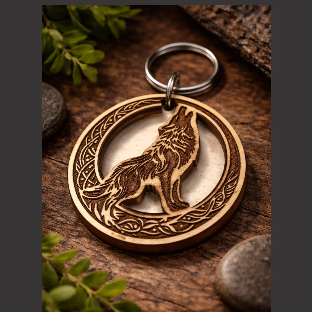 Howl at the Moon - wood laminate keychain with stainless steel hardware, Split Ring, Everyday, Fashion, Round Shape