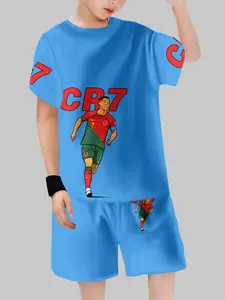 Manchester United Cristiano Ronaldo Cartoon Fan Sports Set, Blue Printed Short Sleeve T-Shirt + Shorts Two-Piece, Football Star Merchandise, Soccer Jerseys Set