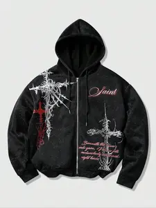 Gothic Cross Skull Graphic Print Hoodie, Streetwear Full Zip Jacket, Punk Y2K Aesthetic, Casual Fitted Design, Fall & Winter Fashion