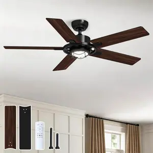 52 Inch Ceiling Fans with Lights and Remote Flush Mount Low Profile for Living Room Farmhouse Bedroom Patio Outdoor Dining Room,DC ,Reversible,Buzzer Mute,Dimmable Led Light,Rustic,Black