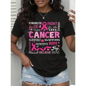 Women's Pink Awareness T-Shirt - Breast Cancer Awareness Pink Ribbon Graphic T-Shirt - Short Sleeve, Crew Neck, Casual Sport Tee, Supportive Comfort, Relaxed Wear |   Geometric Design |   Smooth Texture, Breast Cancer Awareness Flyer-Unisex