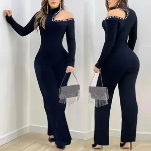 WOMEN'S rhinestone cold shoulder high neck long sleeve jumpsuit slim fit flocked jumpsuit