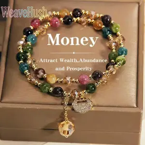 Double Layer Rainbow Tourmaline Round Bead Bracelet, Bohemian Jewelry for Daily Wear, Yoga, Gifting, Featuring Longevity Lock Charm, Color Design,summervibes