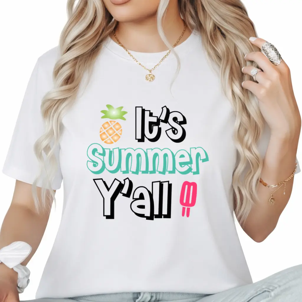 Its Summer Yall Graphic White T-Shirt for Women, Fun Pineapple And Popsicle Print Tee, Trendy Casual Crew Neck Top for Summer Vacation, Beach Party, Picnic, Daily Wear, Relaxed Comfortable Fit, Chic Youthful Style And Seasonal Vibe