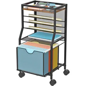 Rolling File Cart, 6-Tier Desk File Organizer with Lockable Wheels, Brown Wood Planks & Mesh Sliding Hanging Folder Drawer, Storage Organization Cart for Office Home School