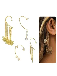4Pcs Right Ear Cuff CZ Pearl Butterfly Snowflake Tassel Dangle Chain Clip on Earrings No Piercing Ear Wrap Around Earrings for Women Silver Gold Tone