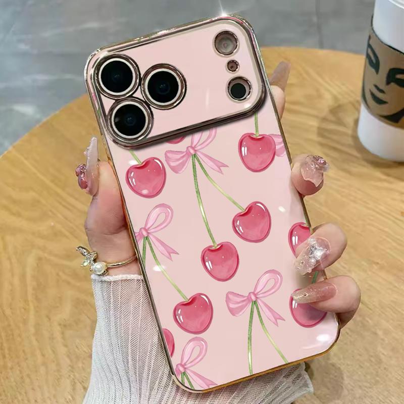 Juicy Pink Cherry Illustrations Phone Case Adding A Touch Of Fresh Romantic Charm To Your Daily Device Premium 6D Solid Color Electroplated With A Smooth Glossy Metal-Like Finish l For Iphone 17 16 15 14 13 12 11