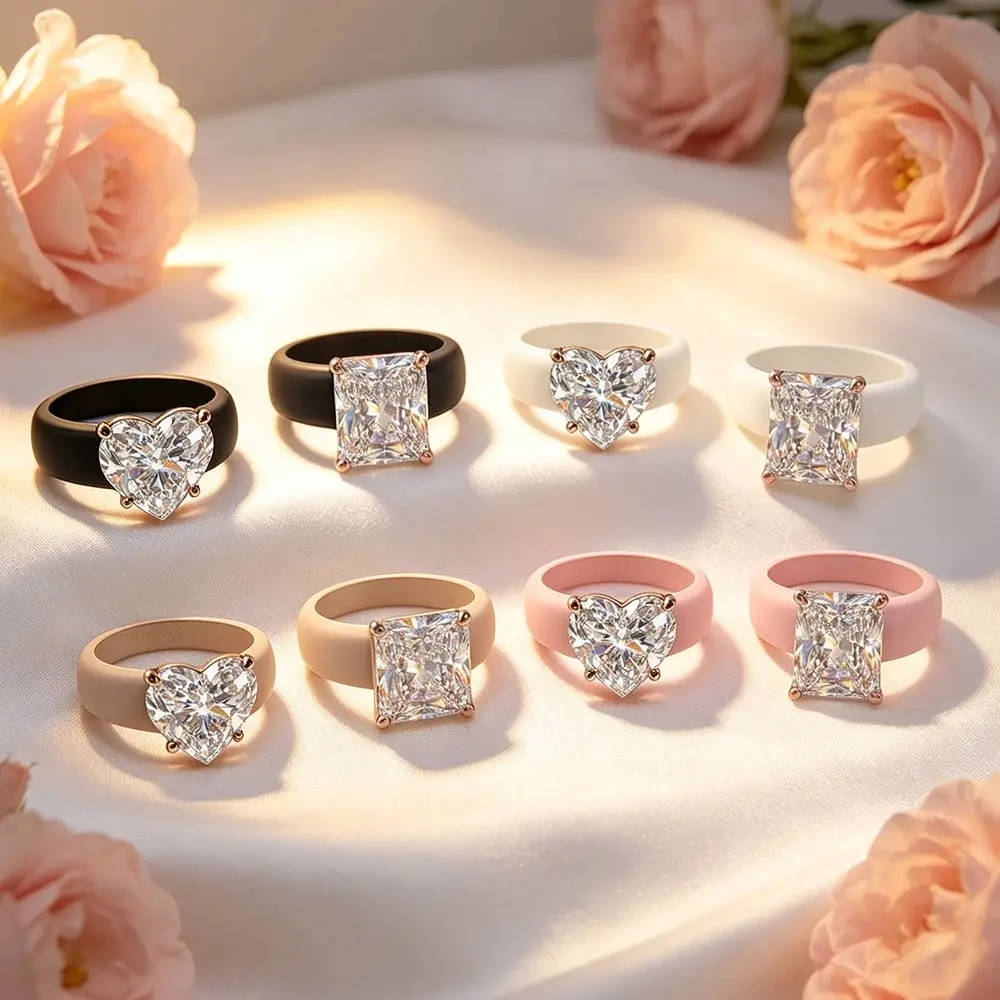 New Y2K Silicone Ring for Women, Heart & Rectangle Cut CZ Crystal Ring, Colorful Rubber Band Ring, Hip Hop Aesthetic Jewelr